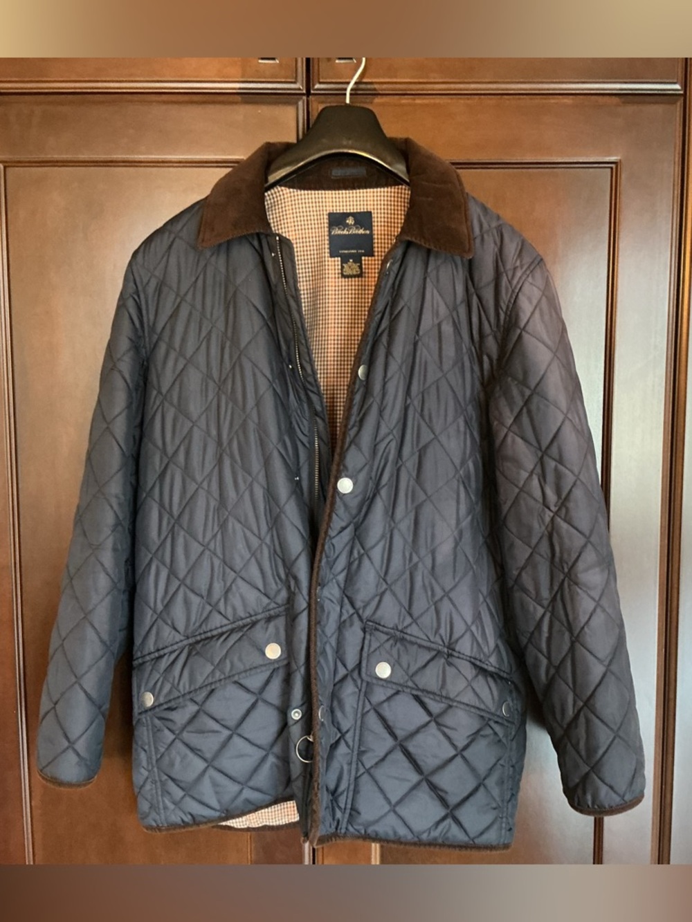 Brooks Brothers Quilted Navy Men's Jacket with Brown Collar
